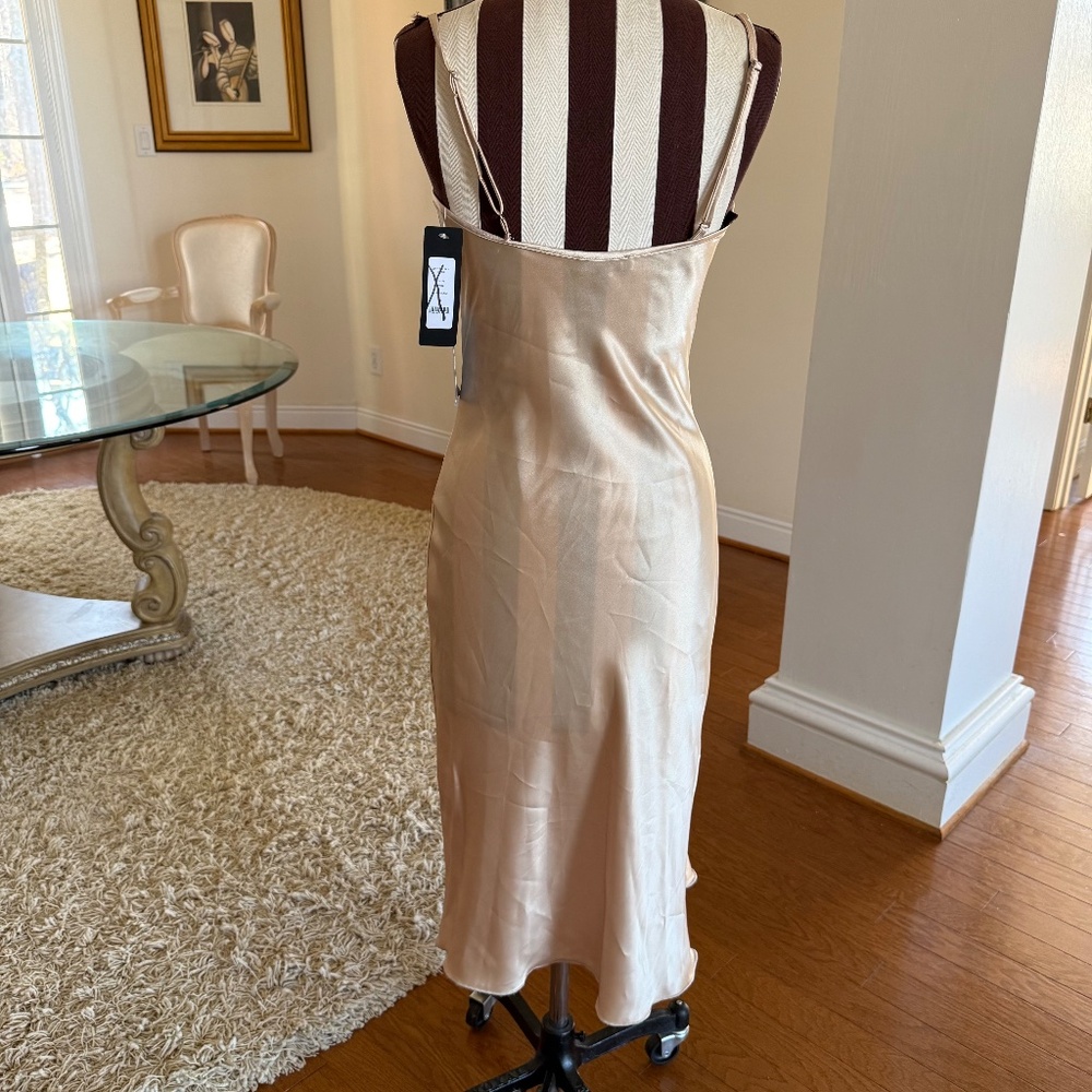 Bebe Gold Satin Draped Neck Slip Tea Length Dress NWT Size XS Party Cocktail - Picture 2 of 9
